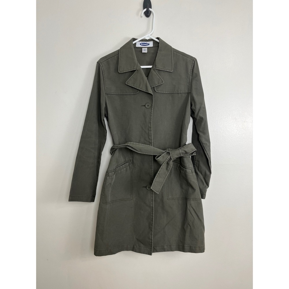 VTG Y2K Old Navy Utility Trench Coat Large Olive Green Belted Cotton Fall Jacket